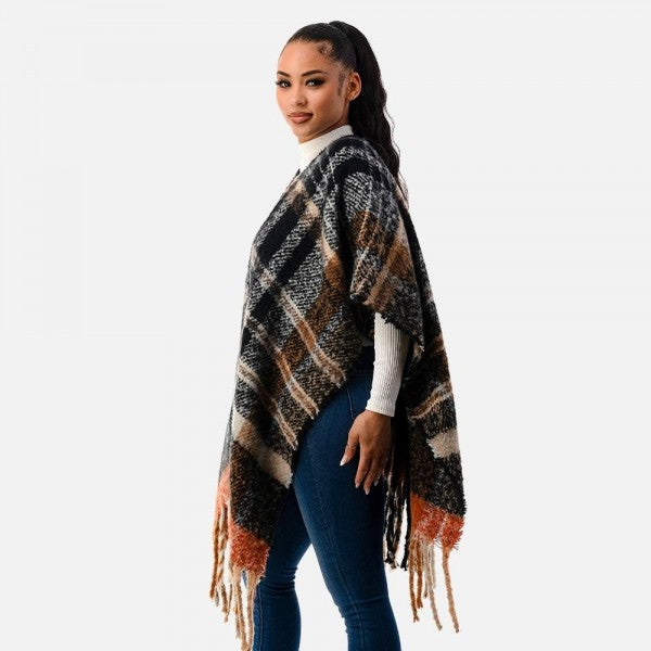 Fall Plaid Ruana Wrap With Longer Tassel Hem